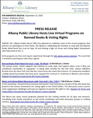 Albany Public Library Hosts Live Virtual Programs on Banned Books & Voting Rights_pr_sept22_20
