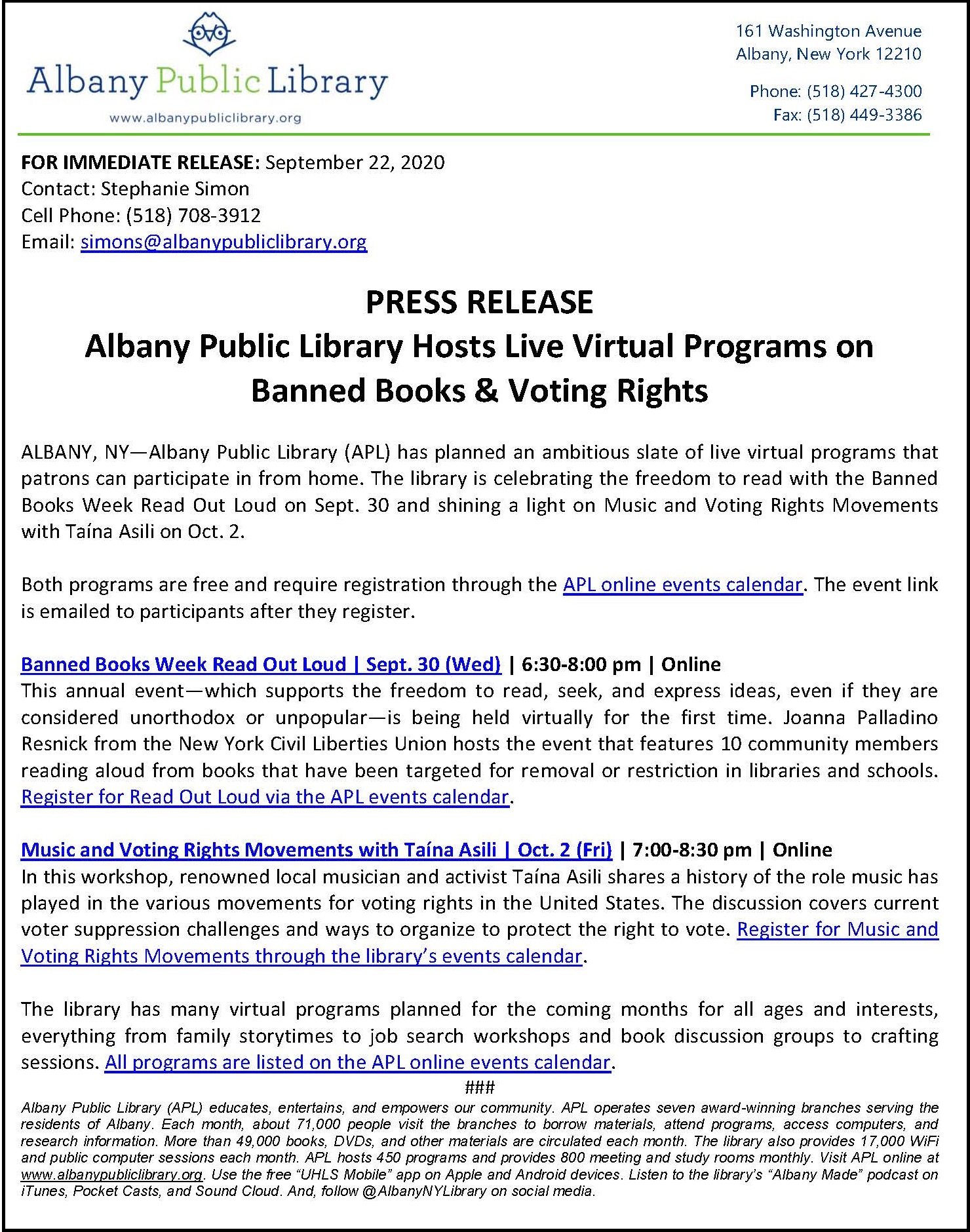 Albany Public Library Hosts Live Virtual Programs on Banned Books & Voting  Rights