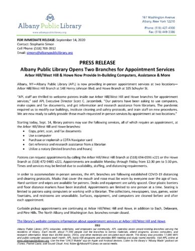 Albany Public Library Opens Two Branches for Appointment Services_pr_sept14_20