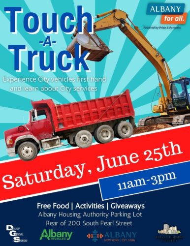 Poster/Flyer with a Red Dump Truck and Yellow Front Loader pictured on it.